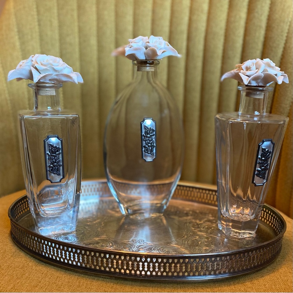 Vintage Cellini Handcrafted 3 Perfume Decanters with Porcelain Roses With tray